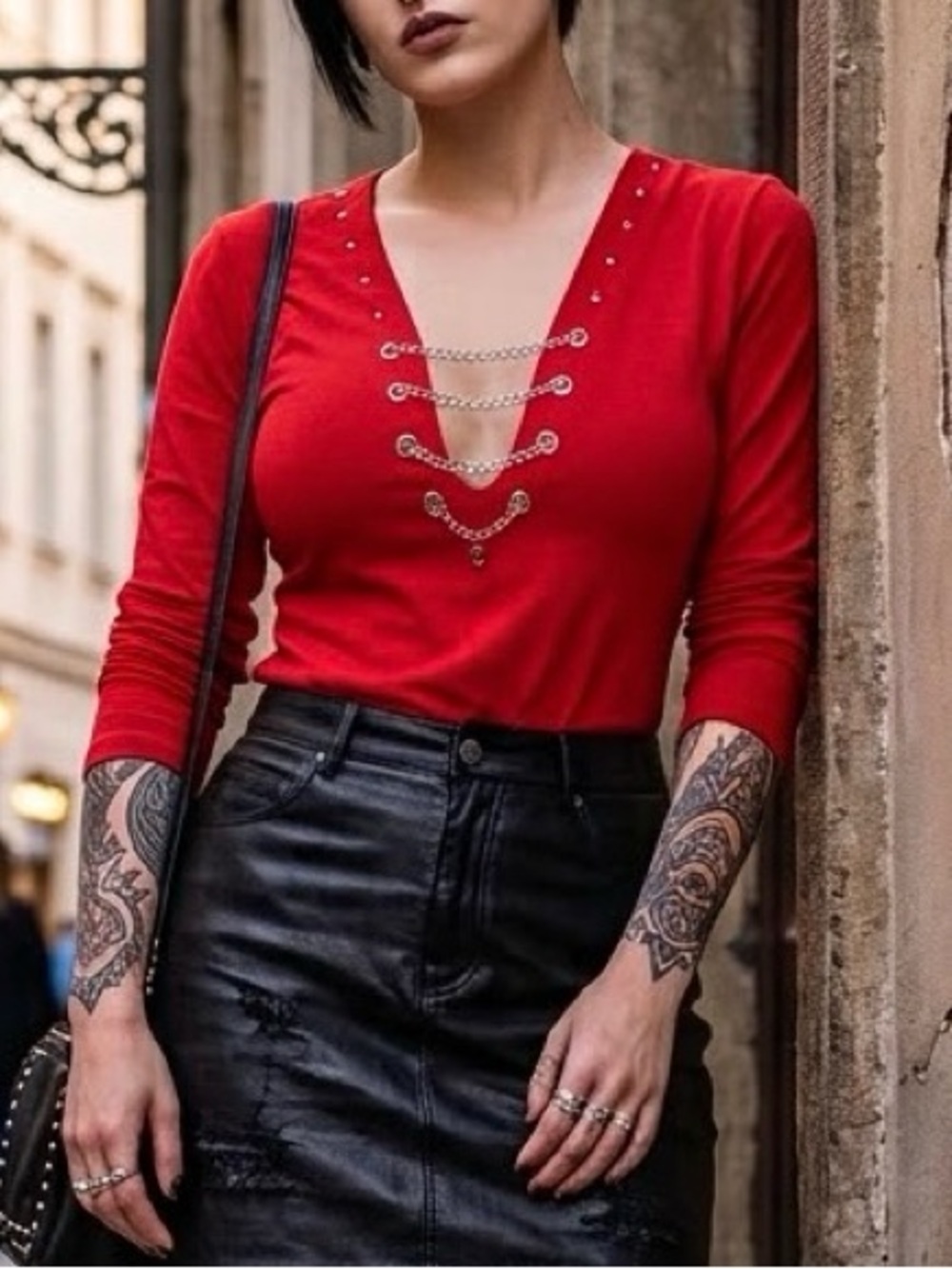 NEW Size L Biker Wear Babes Hot Red Goth Chain Corset V-Neck Long Sleeve Shirt